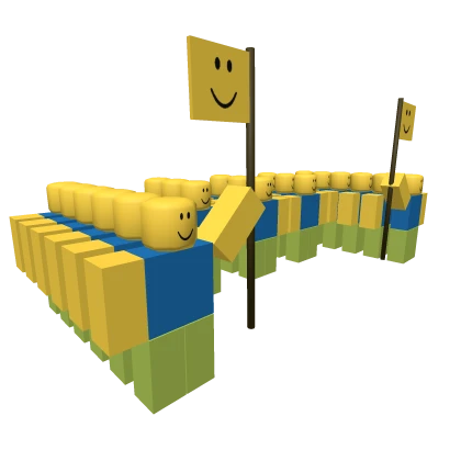 A column of noobs marching behind a smiley flag